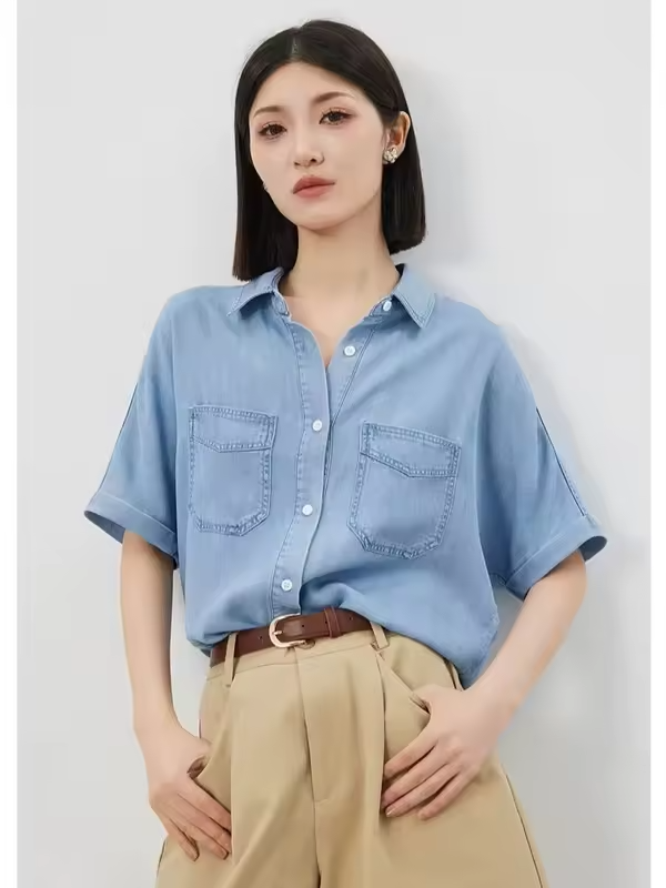 T-shirt Women's Top Polo Neck Bow Embroidered Pleated Waist-cinching Slimming Short-sleeved Women's T-shirt Top Summer
