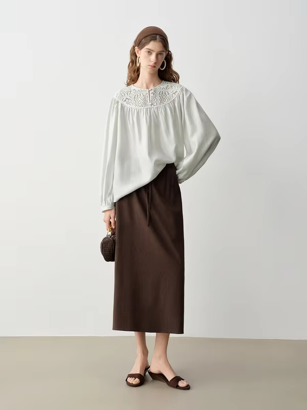 ZIQIAO 2026 Spring Women's Acetate Openwork Panel Round Neck Shirt - Artistic Design Casual Top for Daily and Office Wear