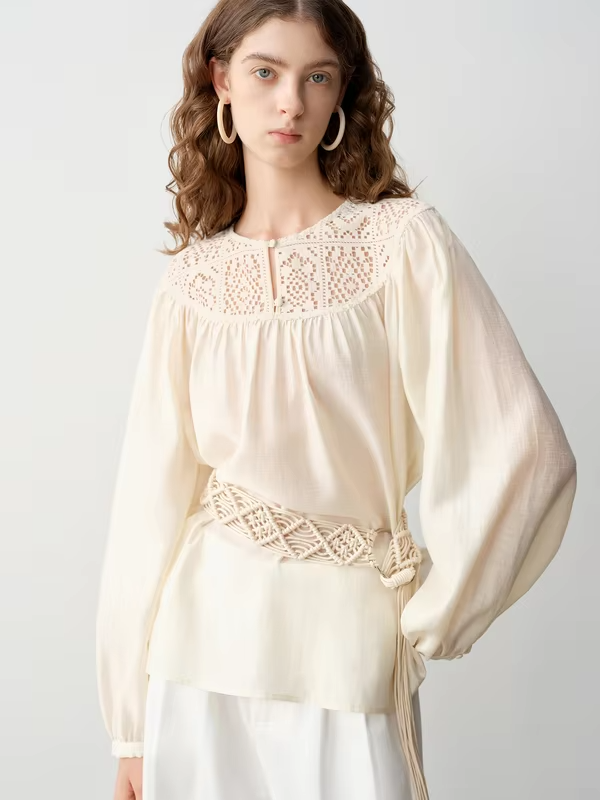 ZIQIAO 2026 Spring Women's Acetate Openwork Panel Round Neck Shirt - Artistic Design Casual Top for Daily and Office Wear