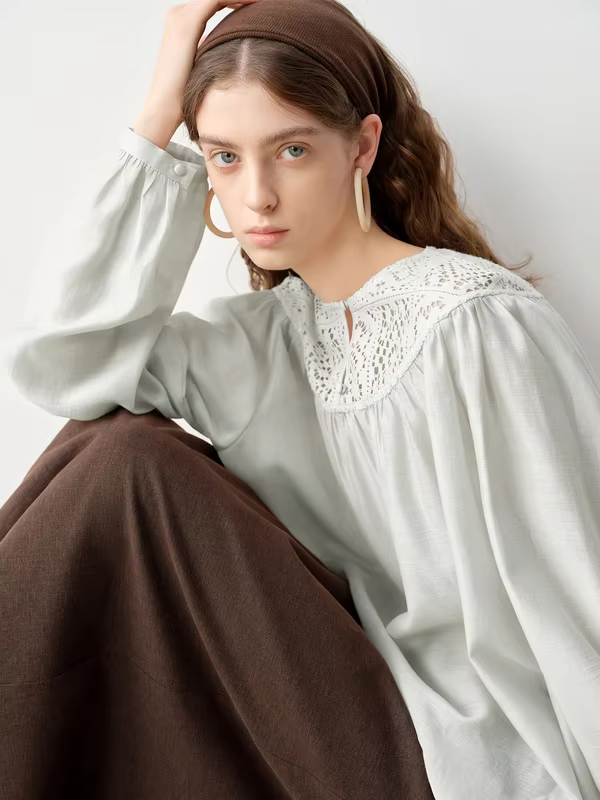 ZIQIAO 2026 Spring Women's Acetate Openwork Panel Round Neck Shirt - Artistic Design Casual Top for Daily and Office Wear