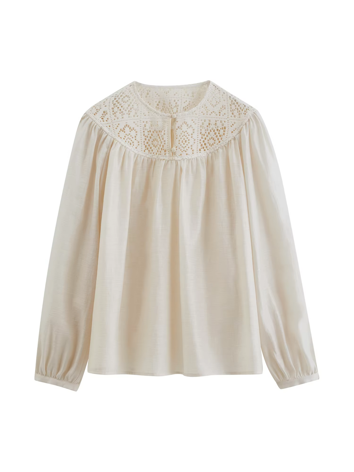 ZIQIAO 2026 Spring Women's Acetate Openwork Panel Round Neck Shirt - Artistic Design Casual Top for Daily and Office Wear