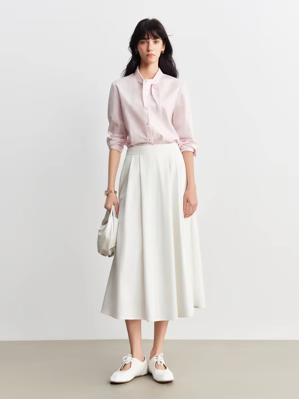 ZIQIAO Women's Pink Striped Cotton Shirt with Bunny Ear Tie Spring 2026 New Korean Style Long-Sleeved Top Age-reducing