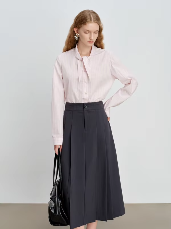 ZIQIAO Women's Pink Striped Cotton Shirt with Bunny Ear Tie Spring 2026 New Korean Style Long-Sleeved Top Age-reducing