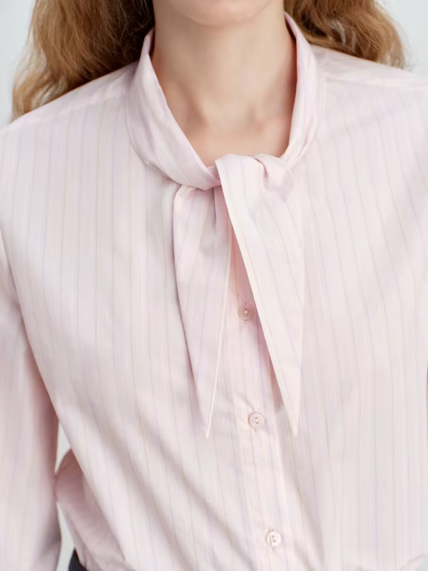 ZIQIAO Women's Pink Striped Cotton Shirt with Bunny Ear Tie Spring 2026 New Korean Style Long-Sleeved Top Age-reducing