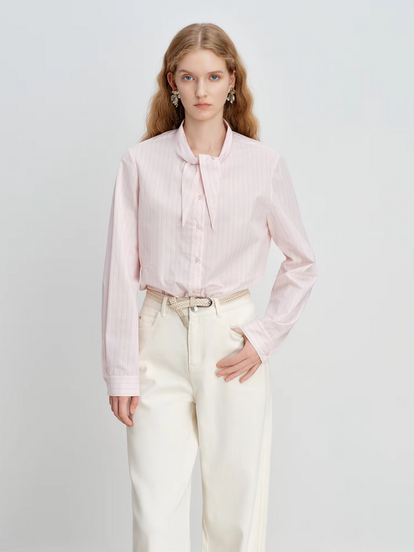 ZIQIAO Women's Pink Striped Cotton Shirt with Bunny Ear Tie Spring 2026 New Korean Style Long-Sleeved Top Age-reducing