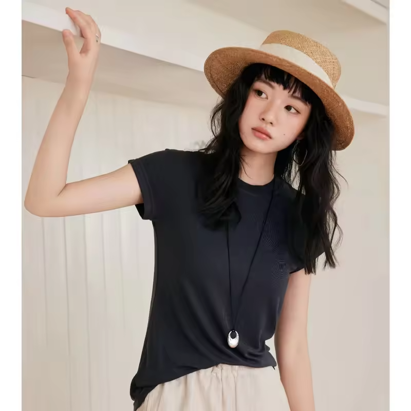 Women's Straight-Shoulder T-Shirt: Slim-Fit, Slimming Mid-Length Sleeves, Round Neck Short-Sleeve Top Soft Breathable Summer Bas