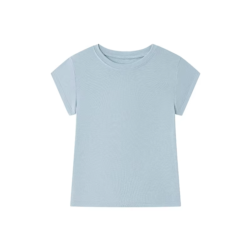 Women's Straight-Shoulder T-Shirt: Slim-Fit, Slimming Mid-Length Sleeves, Round Neck Short-Sleeve Top Soft Breathable Summer Bas