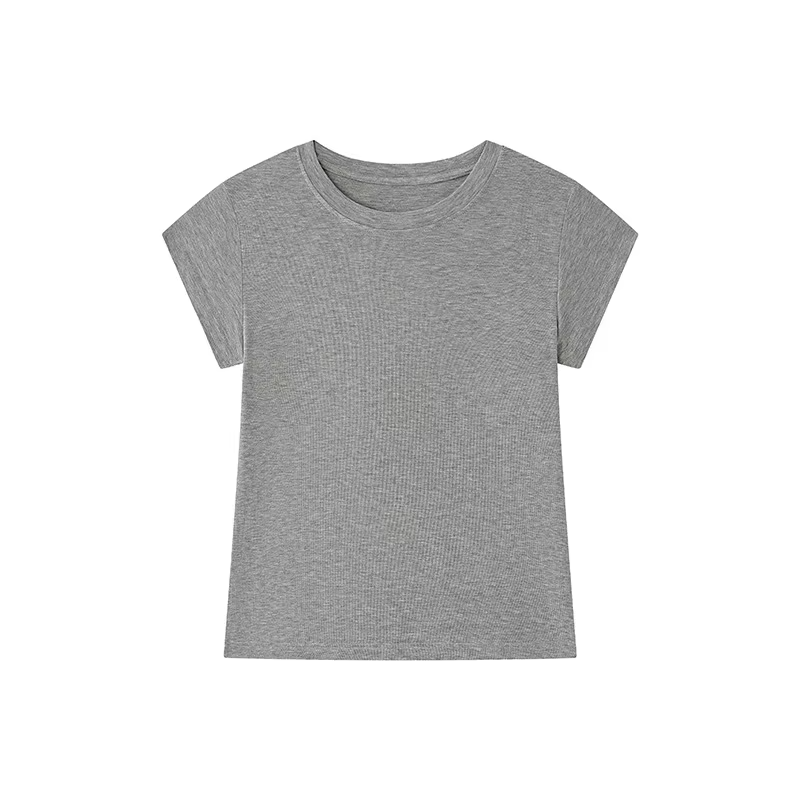 Women's Straight-Shoulder T-Shirt: Slim-Fit, Slimming Mid-Length Sleeves, Round Neck Short-Sleeve Top Soft Breathable Summer Bas
