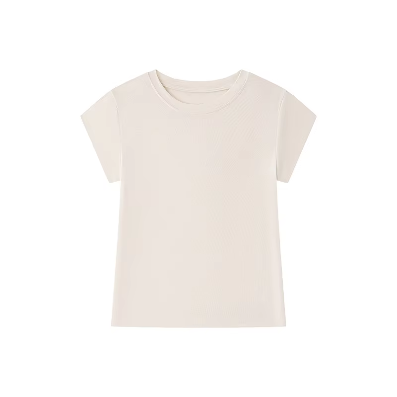 Women's Straight-Shoulder T-Shirt: Slim-Fit, Slimming Mid-Length Sleeves, Round Neck Short-Sleeve Top Soft Breathable Summer Bas