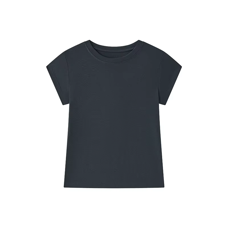 Women's Straight-Shoulder T-Shirt: Slim-Fit, Slimming Mid-Length Sleeves, Round Neck Short-Sleeve Top Soft Breathable Summer Bas