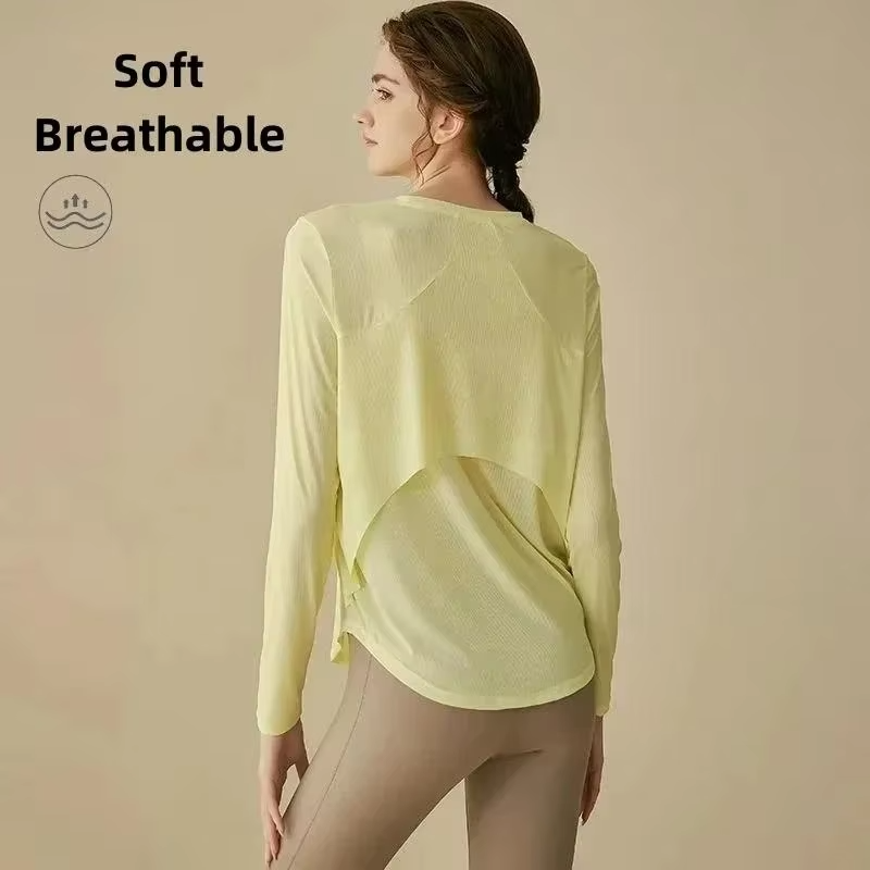 Gym Yoga Outdoor Sports Top T-shirt Women Running Loose Slim Quick Dry Training Long Sleeve Thin Blouse Fitness Breathable Soft