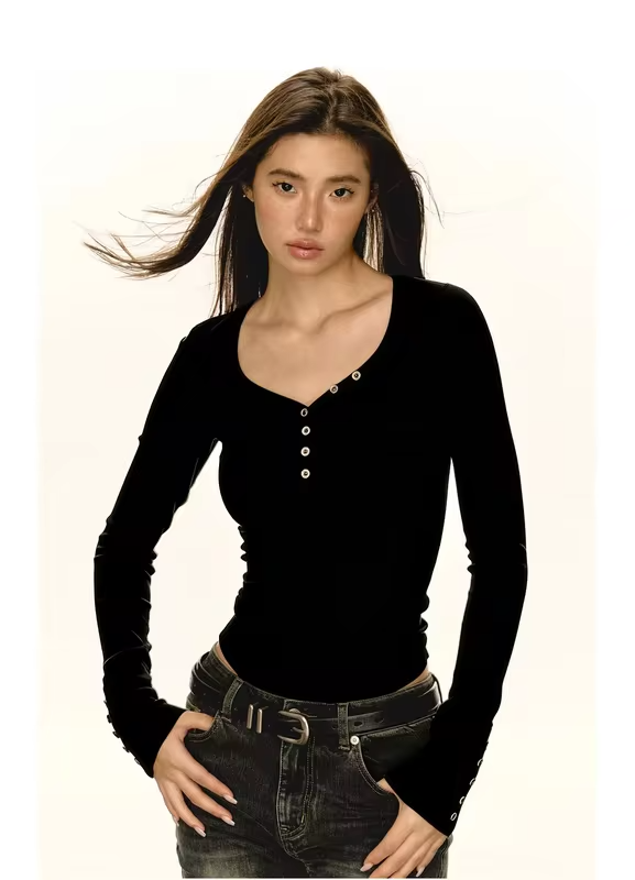 Retro V-neck Button-up Long-sleeved T-shirt for Women Fitted Waist Slimming Ribbed Base Layer Top