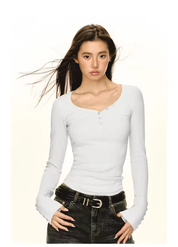 Retro V-neck Button-up Long-sleeved T-shirt for Women Fitted Waist Slimming Ribbed Base Layer Top