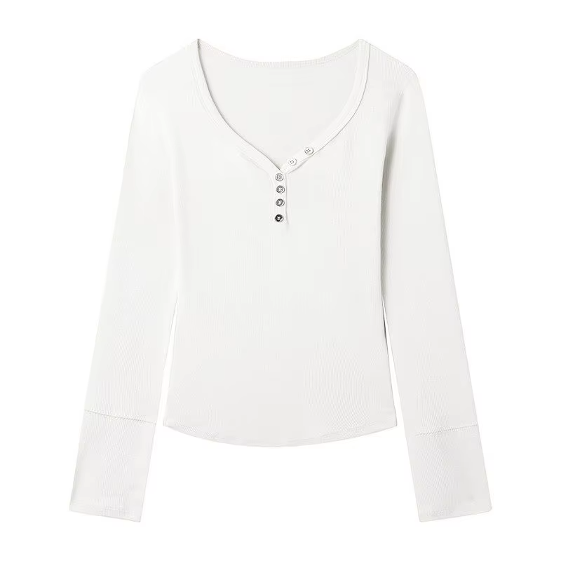 Retro V-neck Button-up Long-sleeved T-shirt for Women Fitted Waist Slimming Ribbed Base Layer Top