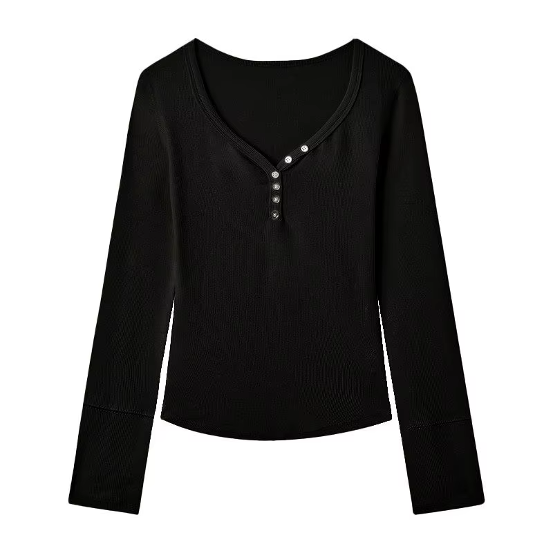 Retro V-neck Button-up Long-sleeved T-shirt for Women Fitted Waist Slimming Ribbed Base Layer Top