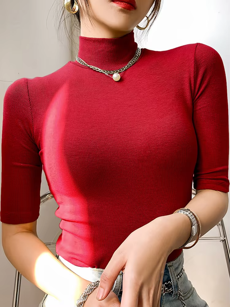 Basic Cotton T Shirt Women Turtleneck Slim Tshirt Short Sleeve T-shirts Female Casual Elasticity White Tee Shirt Femme Woman Top