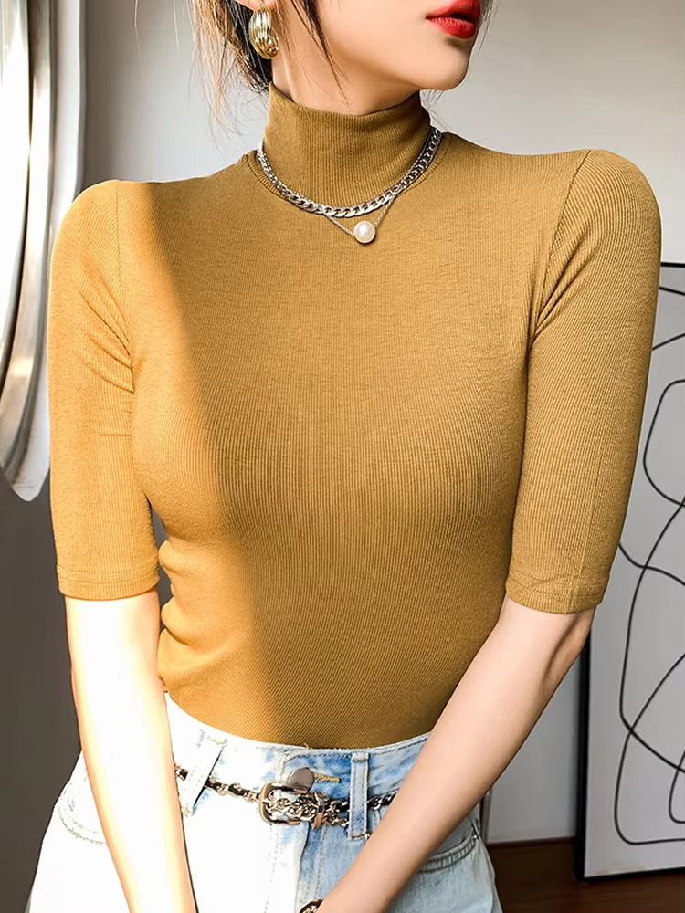 Basic Cotton T Shirt Women Turtleneck Slim Tshirt Short Sleeve T-shirts Female Casual Elasticity White Tee Shirt Femme Woman Top