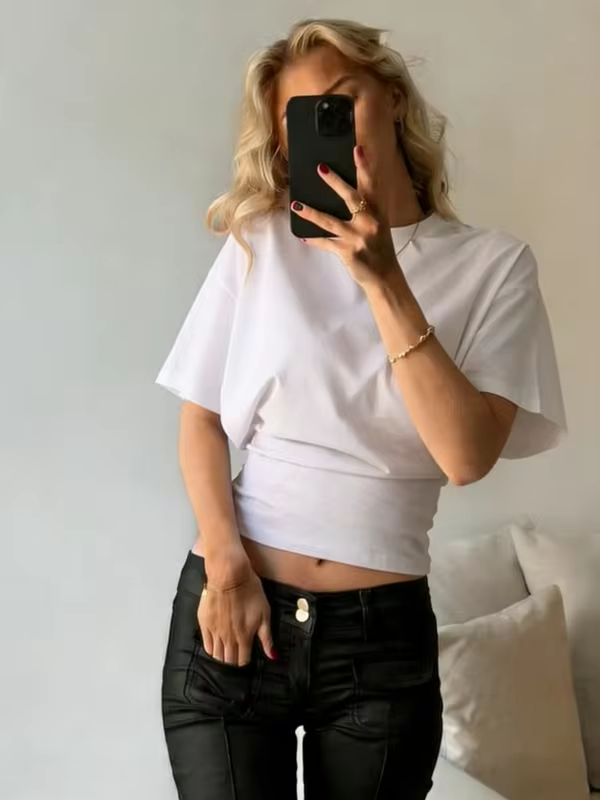Pleated Waist Flare Sleeve Cropped T-shirt for Women Summer Crew Neck Short Sleeve Crop Top Streetwear Y2K Clothes