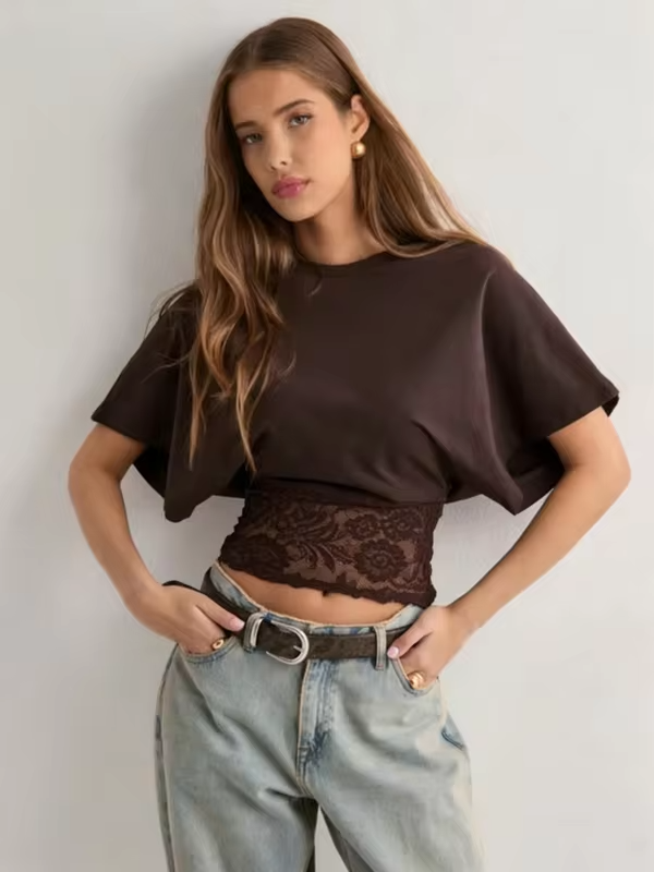 Woman Round Neck Dolman Sleeve Lace Crop Top Summer Sexy Elegant Leisure Y2k T-shirt Soft Comfortable Clothes