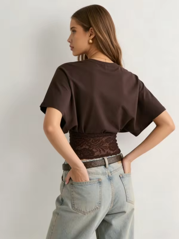 Woman Round Neck Dolman Sleeve Lace Crop Top Summer Sexy Elegant Leisure Y2k T-shirt Soft Comfortable Clothes