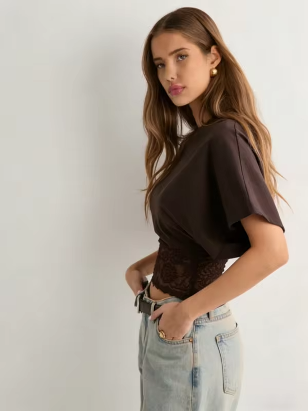Woman Round Neck Dolman Sleeve Lace Crop Top Summer Sexy Elegant Leisure Y2k T-shirt Soft Comfortable Clothes