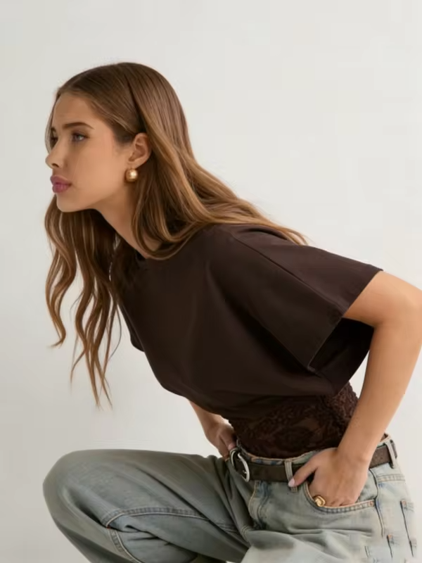Woman Round Neck Dolman Sleeve Lace Crop Top Summer Sexy Elegant Leisure Y2k T-shirt Soft Comfortable Clothes
