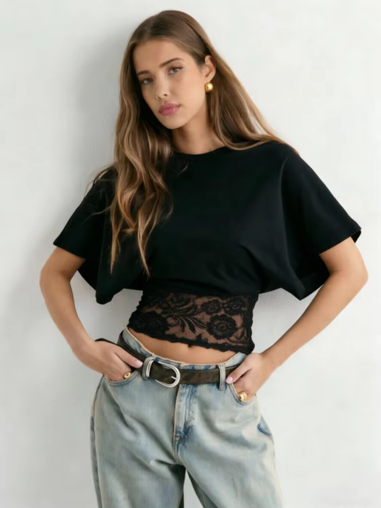 Woman Round Neck Dolman Sleeve Lace Crop Top Summer Sexy Elegant Leisure Y2k T-shirt Soft Comfortable Clothes