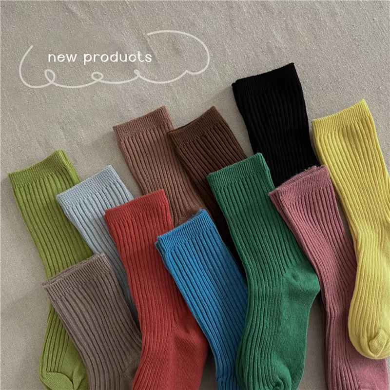 Solid Color Children's Casual Socks Ribbed Boys Girls School Sock Toddlers Ankle Sock Cotton Striped Baby Socken For Kids 1-10Y